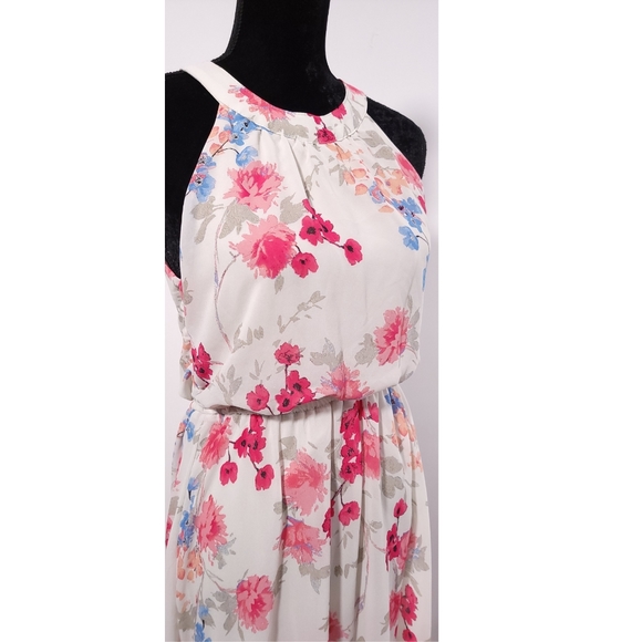 Elle High Neck High Low Pink & Blue Floral Fit & Flare Dress Sz Medium - Picture 2 of 9
